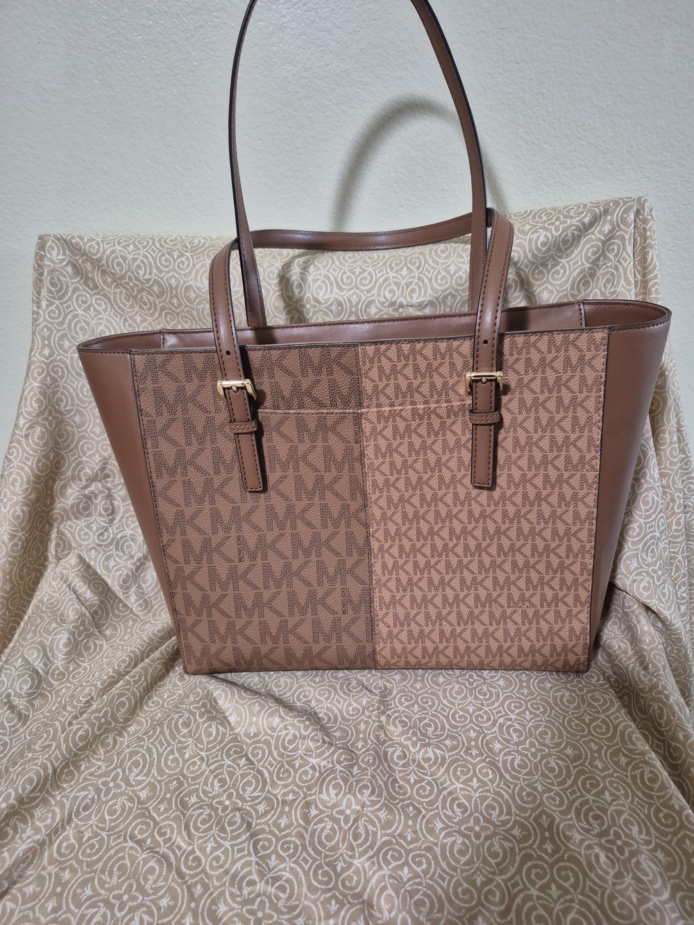 Michael Kors Brown Two-Tone MK Logo Tote - Picture 2 of 6